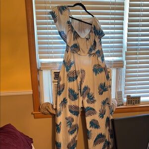 Blue and White Floral Jumpsuit with Asymmetrical Neckline